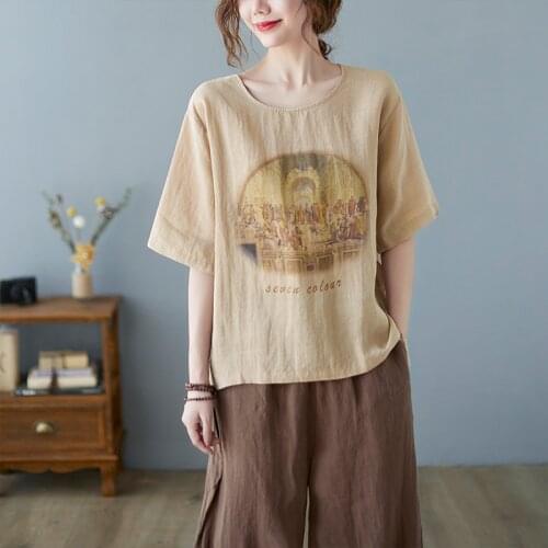 Thin Soft Cotton Loose Summer T Shirts Tops painting Print Vintage tshirt All-match Women Casual T Shirt Tees T-shirt