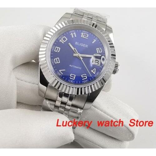 39mm bliger mens watch blue dial luminous mark date sapphire glass miyota Automatic movement watch BA222