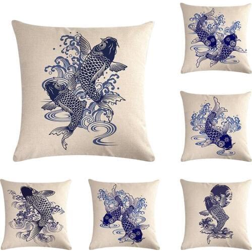 China Style Carp Pillowcase Home Car Chair Blue and white porcelain Cushion Cover Couch Cotton Linen Bedromm Decor Gift ZY509