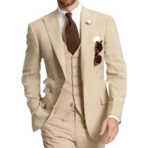New Beige Mens Suit Formal Business Suits 3 Pieces Notch Lapel Solid Tuxedos Best Man For Wedding Groomsmen(Blazer+vest+Pants)