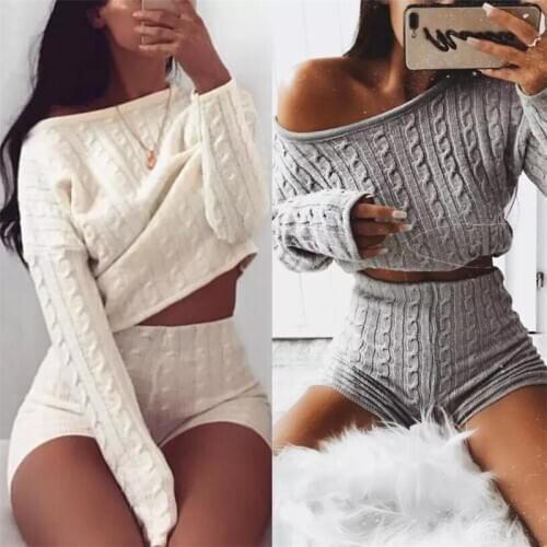 New Women Knitted Clothes 2 Piece Set Long Sleeve Loose Pullover Crop Top High Waist Slim Shorts Ladies Casual Suits Tracksuit
