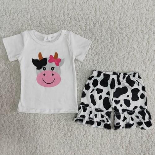 Wholesale girl clothing sets white tee bowknot cows print toddle baby girl outfits cow spot pants RTS western country style