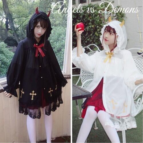 Original devil/angel sweet lolita coat vintage lace bowknot hooded sunscreen victorian coat gothic lolita coat loli cosplay