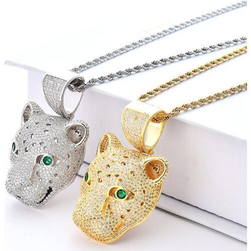 Iced Out Bling Leopard Head Pendant Necklace 2 Colors Micro Pave Zircon Mens Necklace Fashion Hip Hop Jewelry