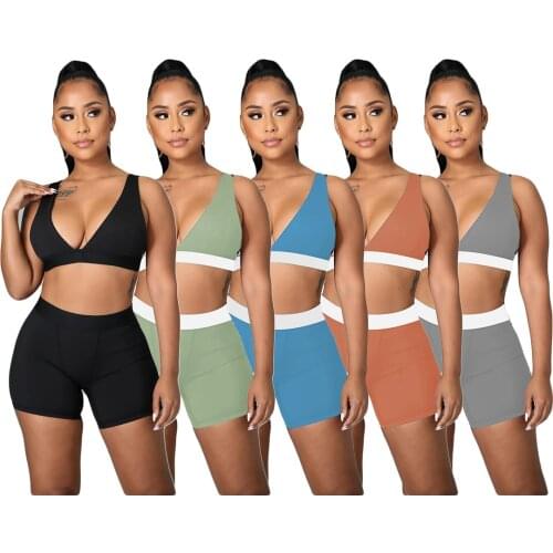Casual Patchwork Two Piece Set Fitness Crop Top Biker Shorts Suits Bodycon Sexy Streetwear Matching Sporty Slim Tracksuit Women