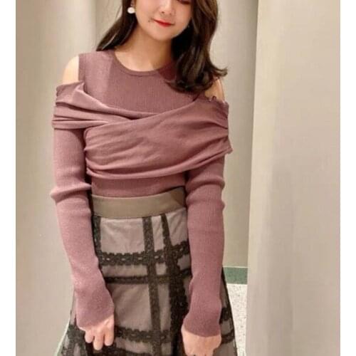 Sexy Designed Chic Off-the Shoulder Knitted Pullovers Long Sleeve Fall Slim Sweater Solid Fashion New O-neck Sueter Mujer