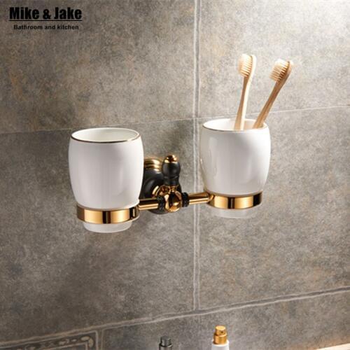 Luxury gold brass double teeth cup kit gold Double tumbler cup holder toothbrush holder bathroom accessory toilet cup holder kit