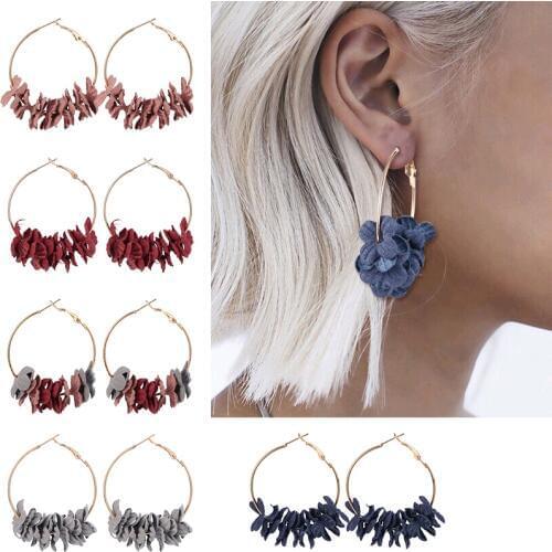 HOCOLE Bohemian Fabric Flower Hoop Earrings Fashion Unique Gold Metal Round Circle Drop Earrings For Women Party Jewelry Gift