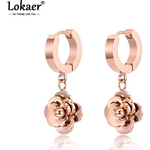 Lokaer Delicate Cute FLOWER Stainless Steel Hoop Earring For Women Girl Birthday Gift Trendy Female Party Ear Jewelry E18474