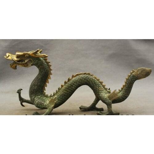 12" Folk Chinese Bronze Copper Gilt FengShui Year Zodiac Dragon Statue Sculpture