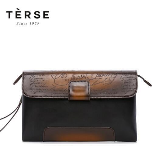 TERSE Men`s Clutches Handbags Genuine Leather Vintage Patchwork Clutches For Men Large Capacity with Engraving MN9722-1