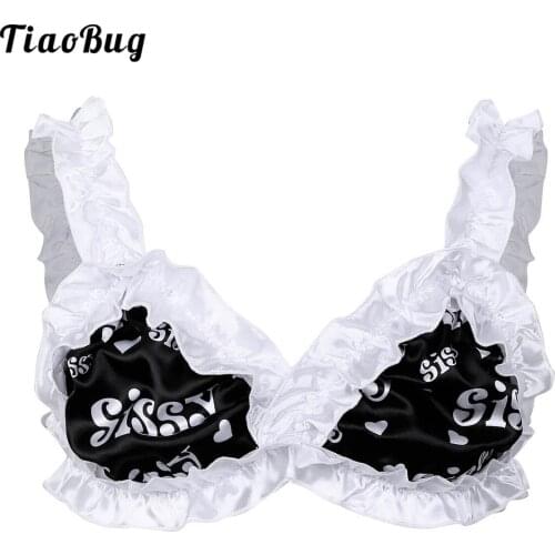 TiaoBug Mens Sissy Lingerie Bra Soft Satin Letter Printed Frilly Ruffled Elastic Wide Shoulder Straps Wire-Free Unlined Top