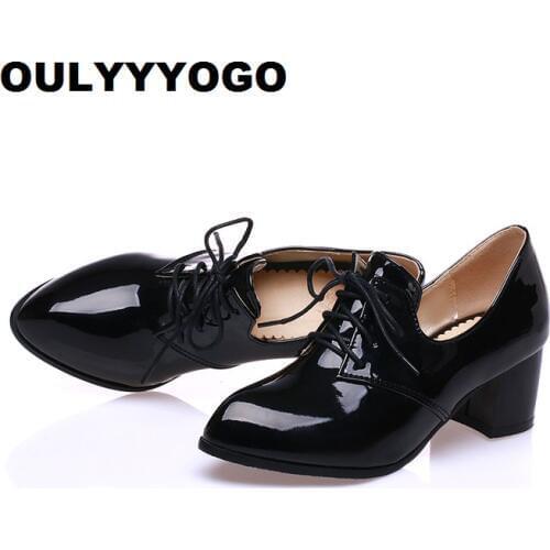 Spring British Style Dress Womens Shoes Lace-Up Patent Leather Female Oxfords Thick Heels 3 Colors Size: 32--47