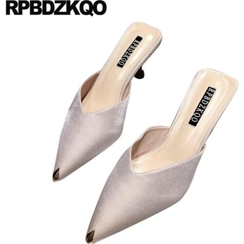 Size 4 34 satin shoes silk designer heels women luxury 2019 bride pointed toe medium stiletto pumps mules slipper kitten pink