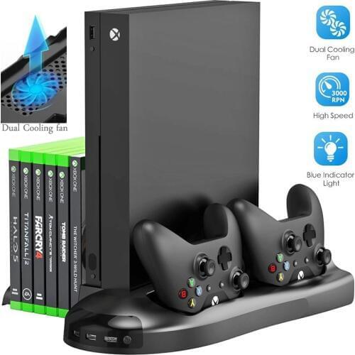 5 in 1 Vertical Stand for Xbox One X Cooling Fan with Controller Charger Charging Station Game Discs Storage and 3 USB Ports