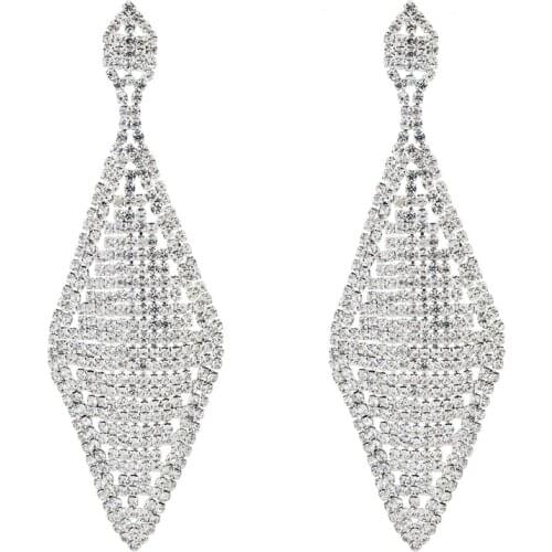 Chran Silver Plated Rhombus Shape Rhinestone Chandelier Dangle Long Earrings for Women Fashion Bridal Wedding Earrings Jewelry