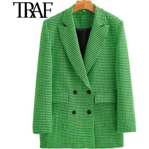 ZHENBAILI Za 2021 Green Houndstooth Casual Jackets Autumn Fashion Notched Collar Double Breasted Straight Blazers Women Coat
