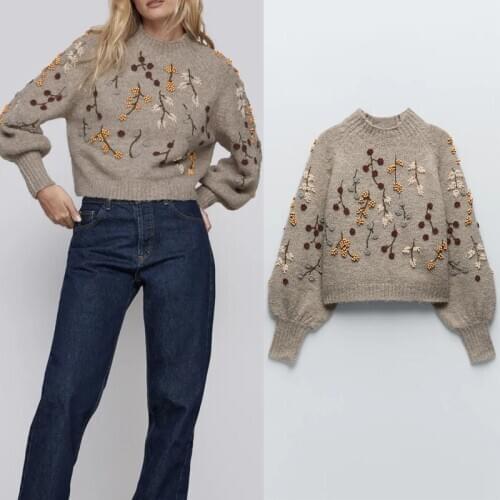 Sweater Women Za 2020 Winter Vintage Beaded Embroidery Knit Women Pullover Sweaters Long Sleeve Loose Warm Sweater Chic Tops