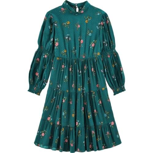 JC·KILIG Print Long-Sleeved Dress Stand Collar Waist Slim Korean Version Skirt F2126