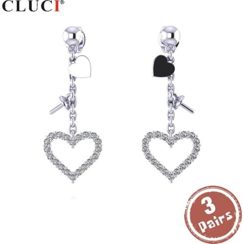 CLUCI 3 pair wholesale Silver 925 Zircon Earrings For Women Heart Pearl Earrings Mounting Silver 925 Drop Earrings SE104SB