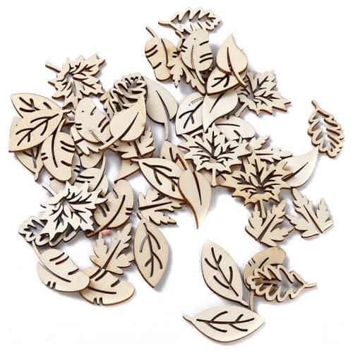 50pcs Mix Leaf Natural Wood Chips Embellishments Scrapbooking Crafts Supplies Handmade Leaves Art Graffiti Button