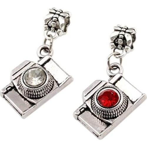 60pcs Red /White Rhinestone Camera Photographer Zinc Alloy Pendants Charms Bead For European Bracelet 36.5mm x 20mm A3241