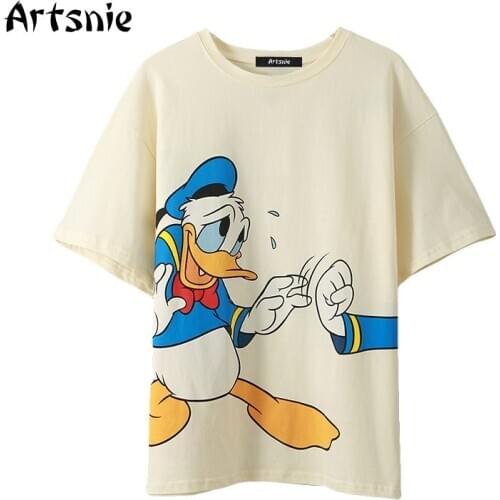 Artsnie Disney Cartoon Print T Shirt Women Summer O Neck Short Sleeve Oversized Tops Female Streetwear Sweet Cotton T-shirts