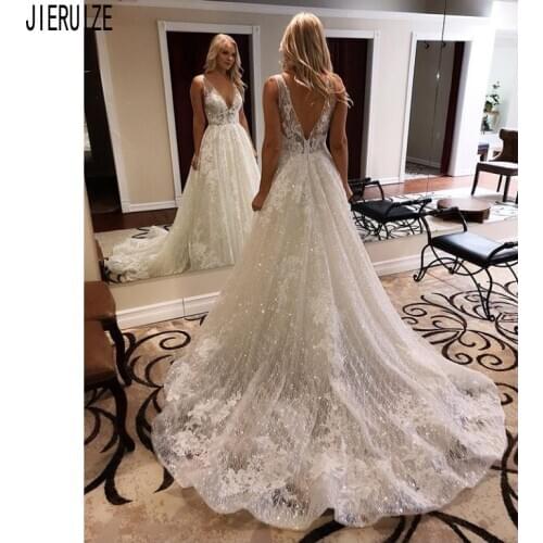 JIERUIZE Shiny Luxury Backless Wedding Dresses Deep V Neck Bridal Gowns Ivory Sexy Bride Dresses vestido de noiva