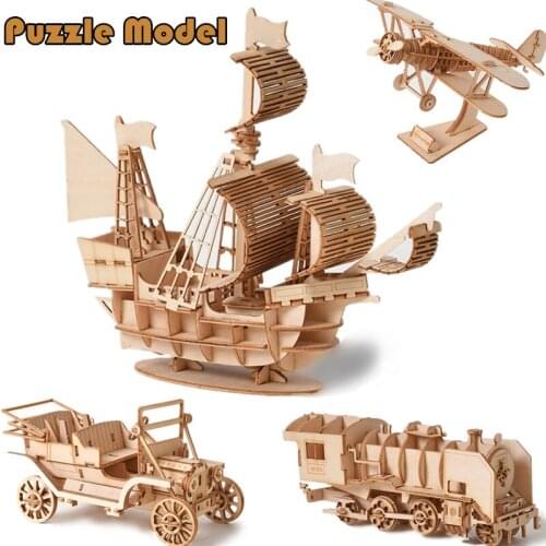 Wooden Puzzle 3D Model Building Kits DIY Handmade Mechanical Montessori Toys Jigsaw Puzzle Assembly Model Ship Train Decorations
