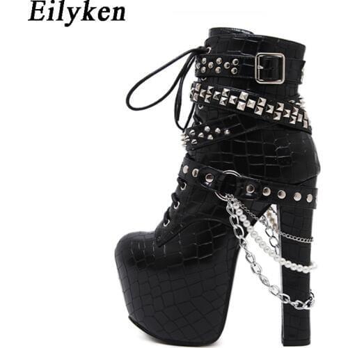 Eilyken 2021 Autumn Winter Fashion Women Boots Square heel Platform Buckle Riding Booties Chain Rivet Ladies Pumps Shoes Size 40