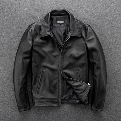 GU.SEEMIO Black Pure Cowhide Leather Jacket Motorcycle Clothing Lapel Casual Factory Good Quality Genuine Leather