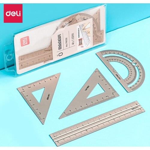 Deli Ruler Set aluminum alloy 4pcs/set Drawing Measurement Geometry Triangle straightedge Protractor a variety of rulers School