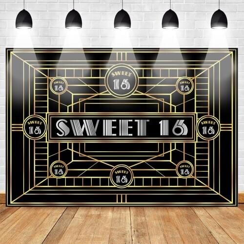 Mehofoto Sweet 16 Birthday Photo Backdrop Birthday Party Background for Children Black Yellow Repeat Pattern Photo Booth