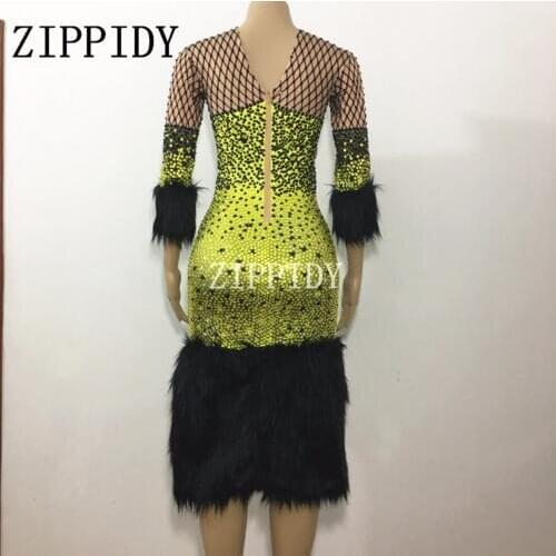 Fashion Full Rhinestones Feather Luxury Green Dress Birthday Celebrate Costume Singer Party Performance Shining Dresses