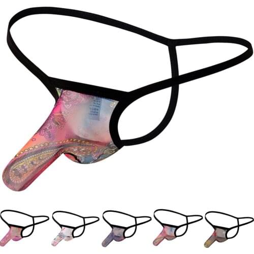 Elephant Nose Men Sexy Mesh Printed See-through T-Back G-String Thong Pouch Lingerie Slim And Soft Underwear Brief Panties 2021