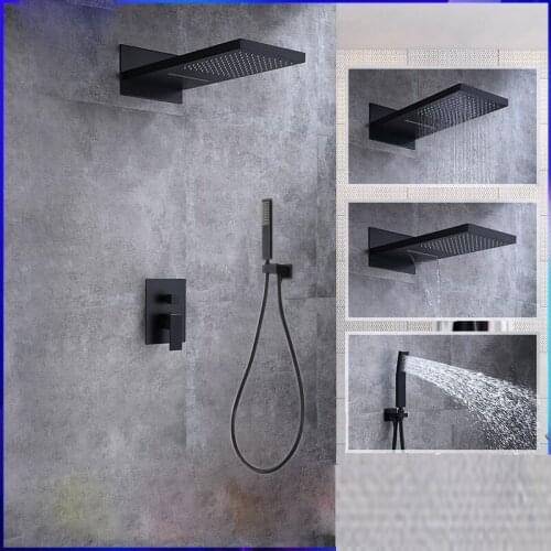 Waterfall Shower Head Black Rain Shower System Wall Mounted Hot And Cold Water Mixer Bathroom Faucet With Shower Box Concealed