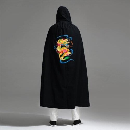 Chinese Style Men Cloak Vintage Dragon Embroidery Mens Hooded Cloak Mens Capes Long Trench Coat Mens Windbreaker Raincoat