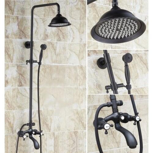 Black Oil Rubbed Brass Wall Mount 8.2" Rain Bathroom Rainfall Shower Faucet Set with Hand Spray Shower Head Tub Mixer Tap 2hg113