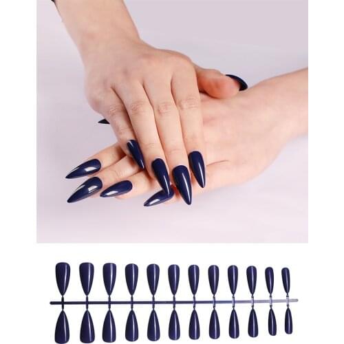 24 Pcs Almond Plastic Nail Polish Coating Fake Nails Full Cover Fashion Pink Blue Press On Nail Tips Manicure Tools Nail Art