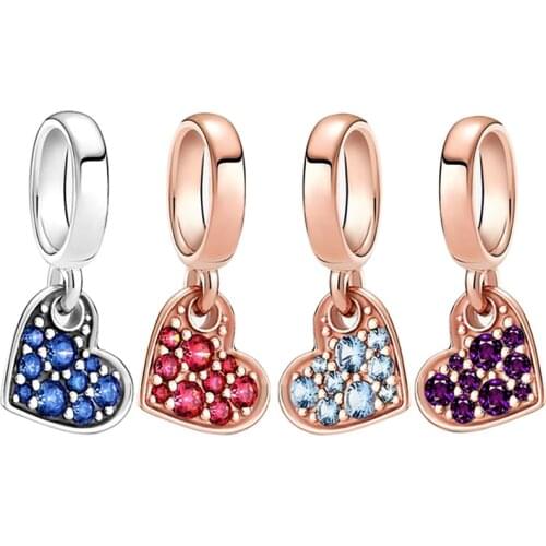 Fit Original Pan Charms Bracelet Women Rose Red Blue Purple Crystal Zircon Heart Pendant CZ Beads for Jewelry Jewelry Making DIY