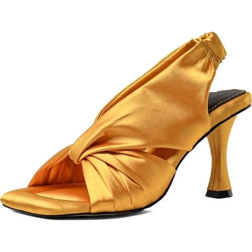 Kmeioo Genuine leather summer new style satin cloth strappy stiletto sandals fashion big size Luxury brands Party high heels