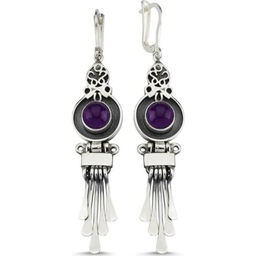 Silverlina Silver Amethyst Cubic Zirconia Dangle Hand Handwork Earrings