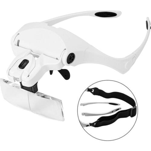 Portable Head Wearing Magnifying Glass Lens Eyeglass Interchangeable Mount Bracket Headband Magnifier with 2 LED Lights 5 Lenses