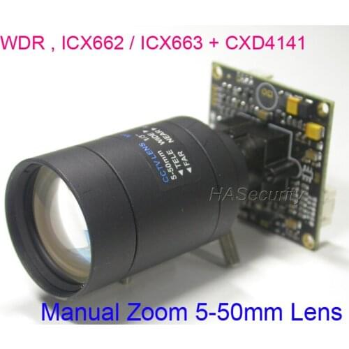 WDR Effio-V , Manual Zoom 5-50mm Lens 1/3" Sony Super HAD CCD ICX662 / ICX663 + CXD4141 CCTV camera module +OSD cable