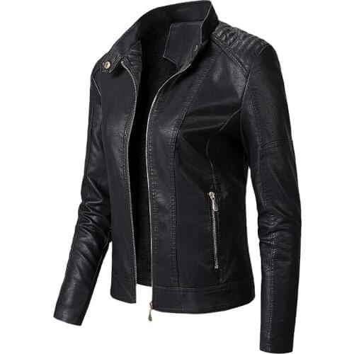 Autumn Winter Womens Fleece Leather Jacket Fashion Stand Collar Short Style Slim Moto&biker Jackets Female Faux Leather Coats