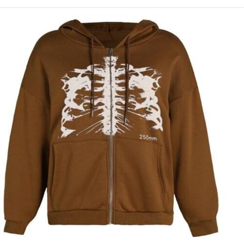 Fahion 2021 Korean Version Hip-Hop Hoodies Women/Girl Sternum Print Vintage Long Sleeve Zipper Hooded Sweatshirts Black/Khaki