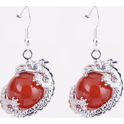 Natural Stone Crystal Round Beads Suitable Silver Color Dragon Shape Earring Fit Female Lucky Healing Jewelry Mixed Colors R325