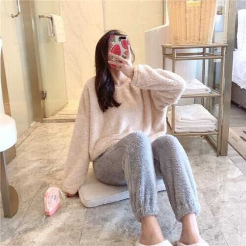 2020 Womens Pajamas Set Coral Velvet Ladies Flannel Warm Sleepwear Home Clothes Round Neck Sleep clothes autumn pijama pj set