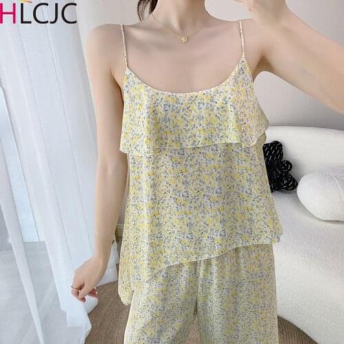 Spaghetti Strap Flower Print Women Pajama Set Sleeveless Pyjamas Femme Ruffles Pijama Suit Sleepwear Girls Sexy Nighties Suits