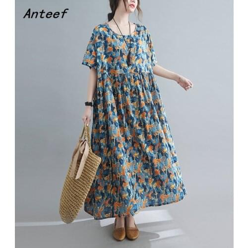 Short sleeve plus size cotton vintage floral dresses for women casual loose long summer dress elegant clothes 2021 sundress